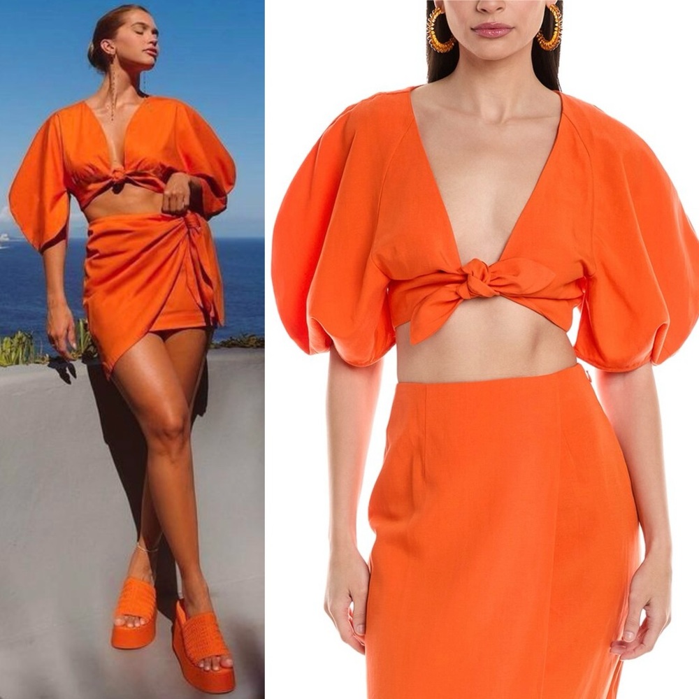 MARA HOFFMAN Linen Puff Sleeve Plunge V-Neck Tie‎ Front Resortwear Crop Top XXS